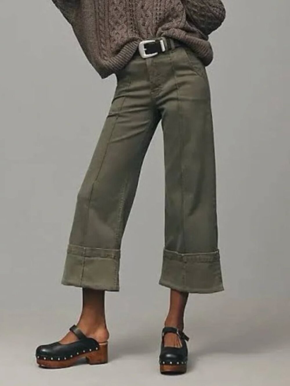 Pilcro Anthropologie Wide Leg High Rise Cotton Cuffed Pants Moss Green, size 31P